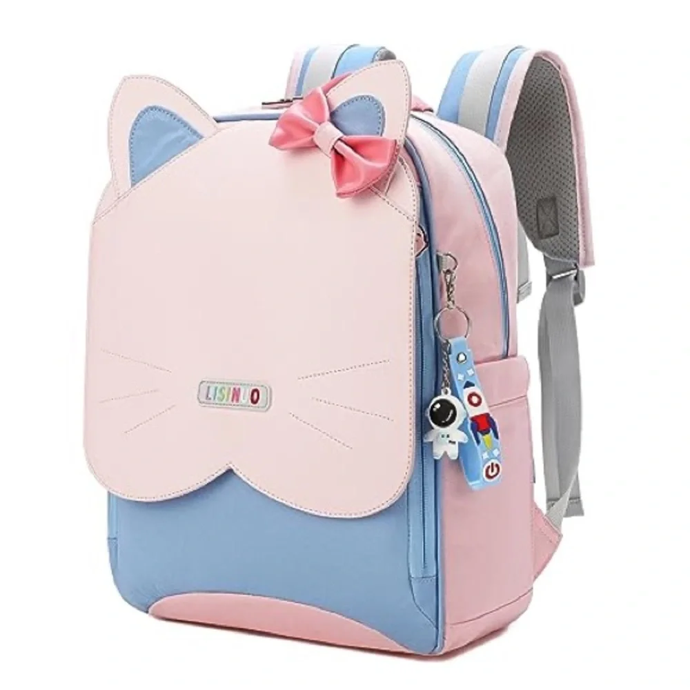 Lisinuo Cat Pink Blue Kitty Bow Backpack Bookbag Travel Carry On Bag